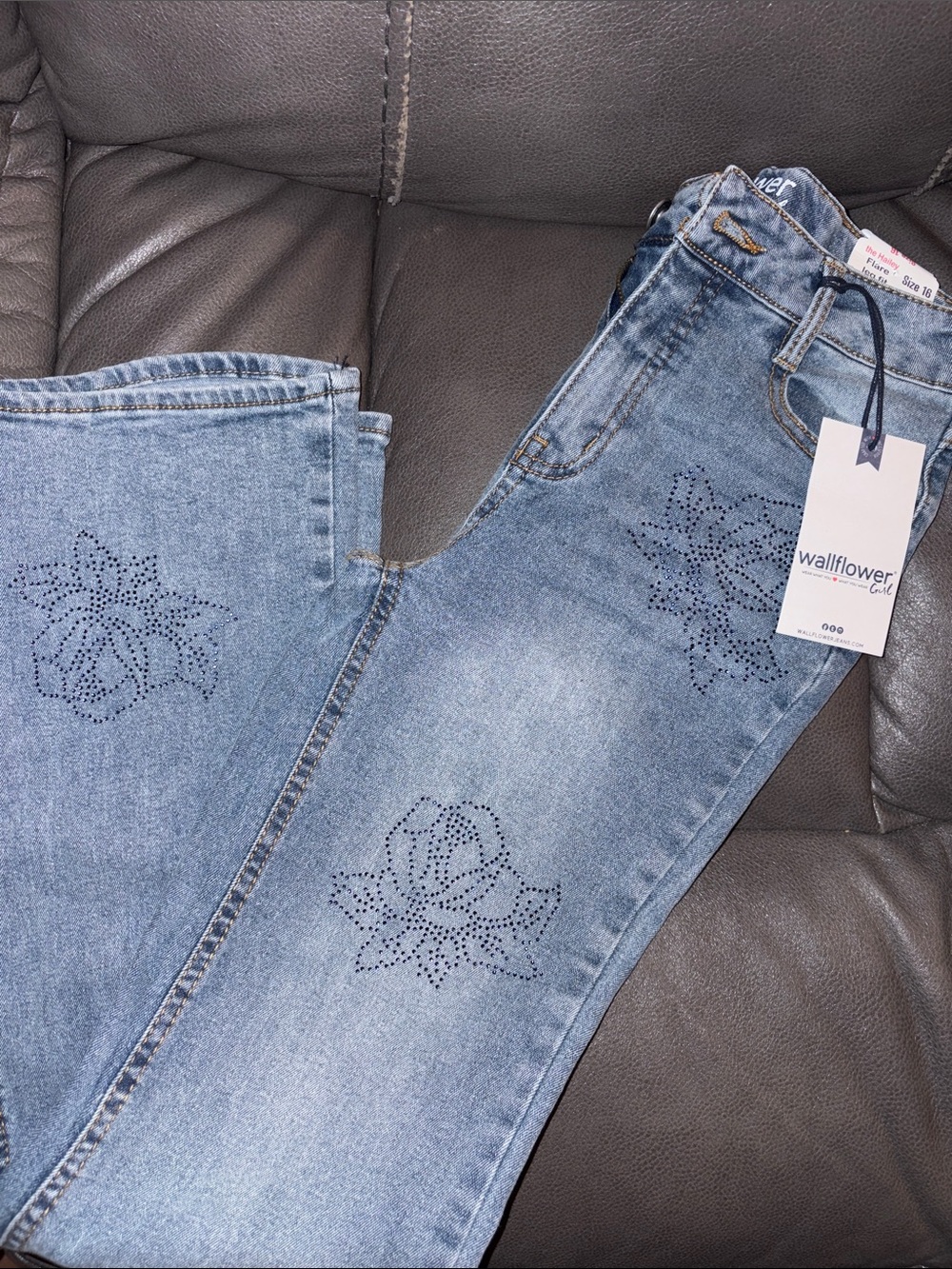 Wallflower Light Blue Studded Floral Wide-Leg Jeans